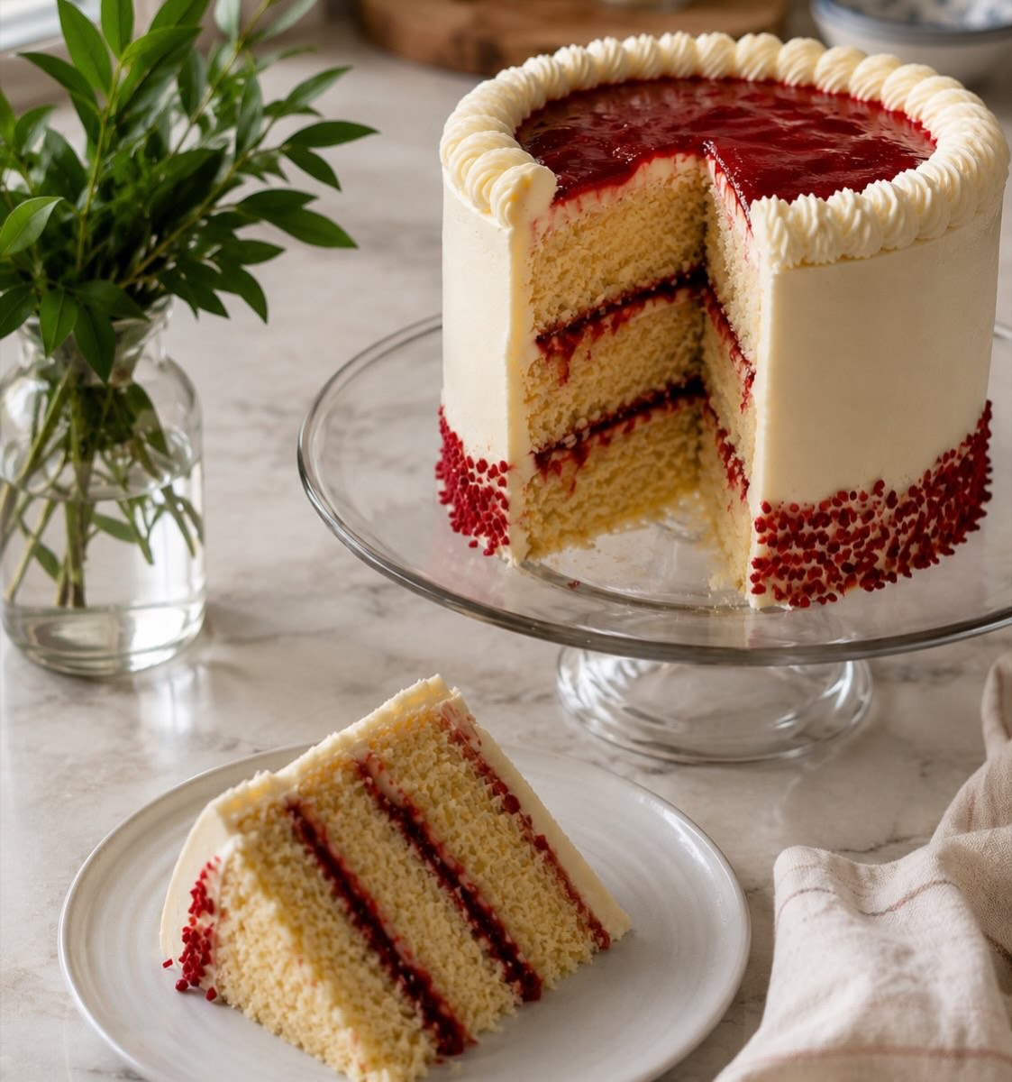 A vanilla layer cake with a glossy strawberry-glazed top.